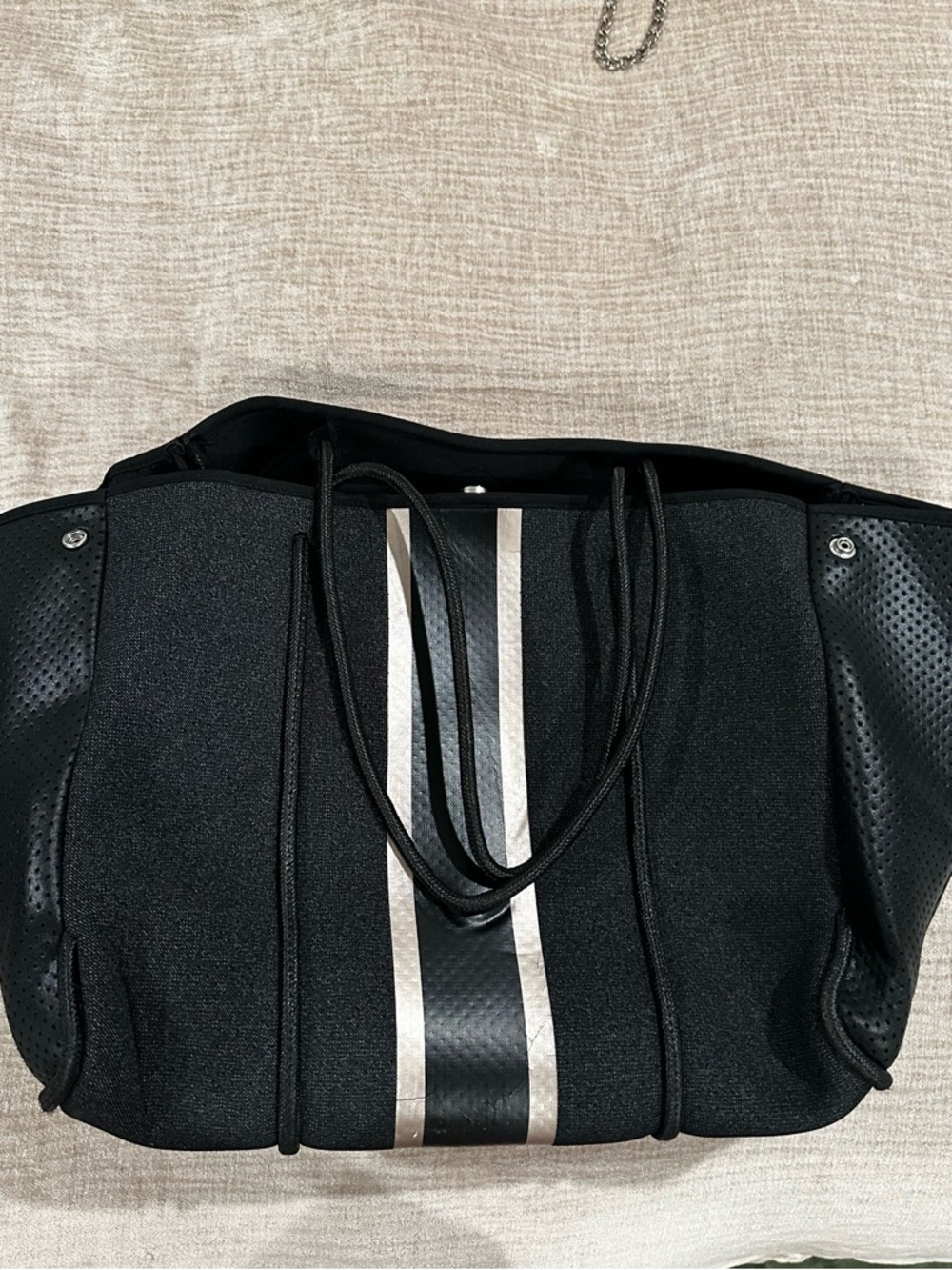 HAUTE SHORE Black Tote with Silver Center Stripes